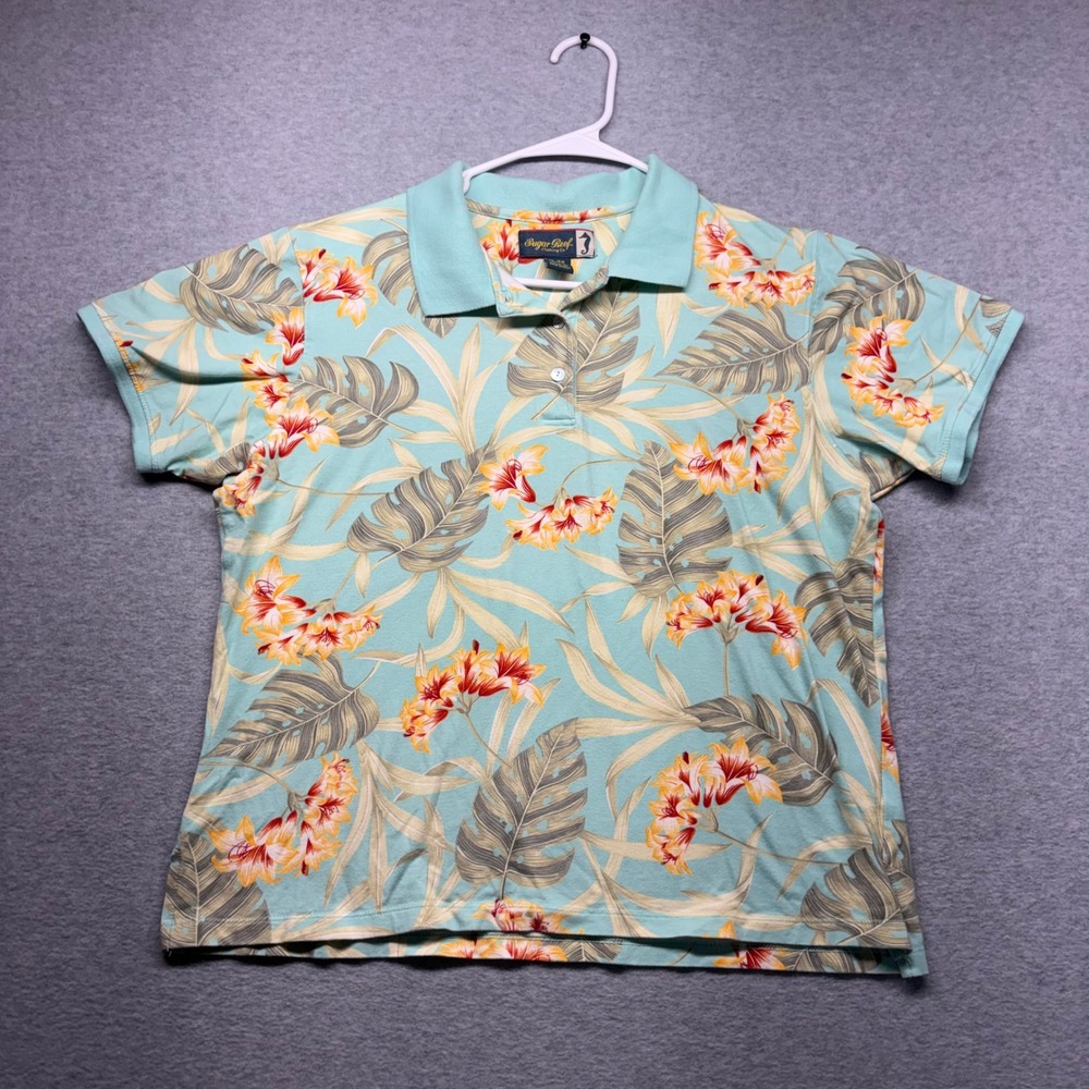Sugar Reef Mens XL Aqua Blue Tropical Floral Palm Leaf Short‎ Sleeve Polo Shirt